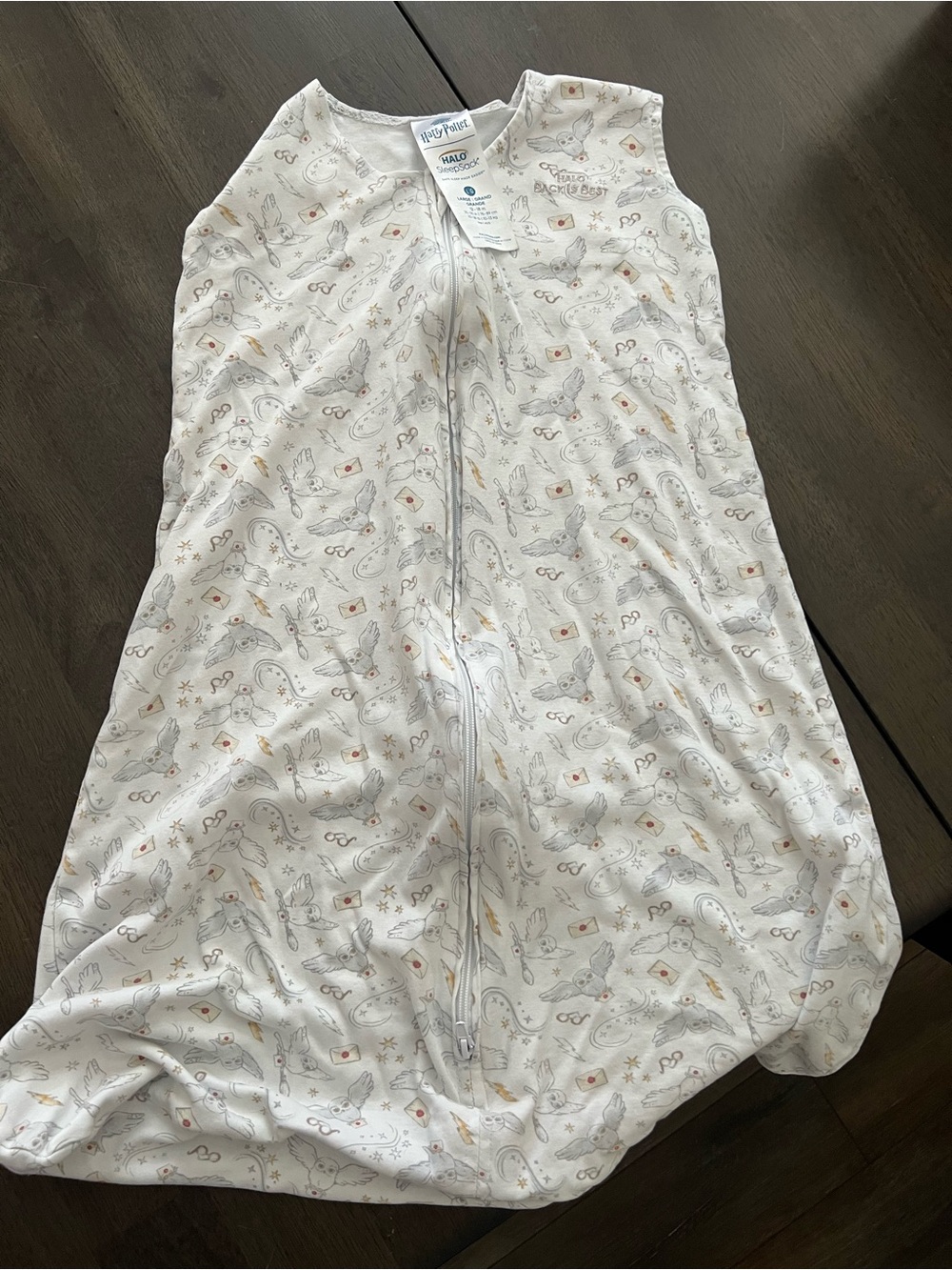 Halo SleepSack in White with Light Gray and Tan Harry Potter Print